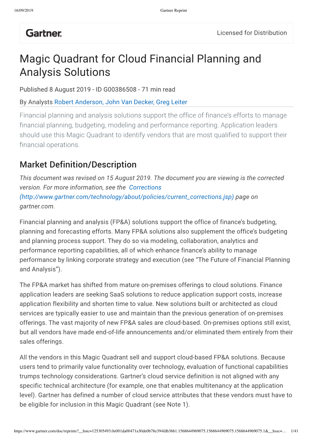 Magic Quadrant for Cloud Financial Planning and Analysis Solutions