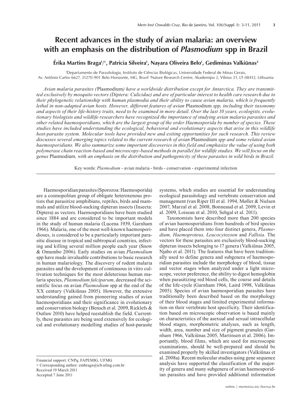 Recent Advances in the Study of Avian Malaria: an Overview with an Emphasis on the Distribution of Plasmodium Spp in Brazil