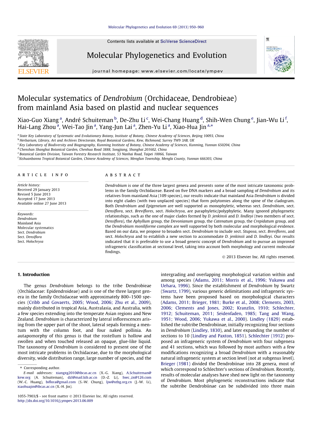 Molecular Systematics of Dendrobium (Orchidaceae, Dendrobieae) from Mainland Asia Based on Plastid and Nuclear Sequences