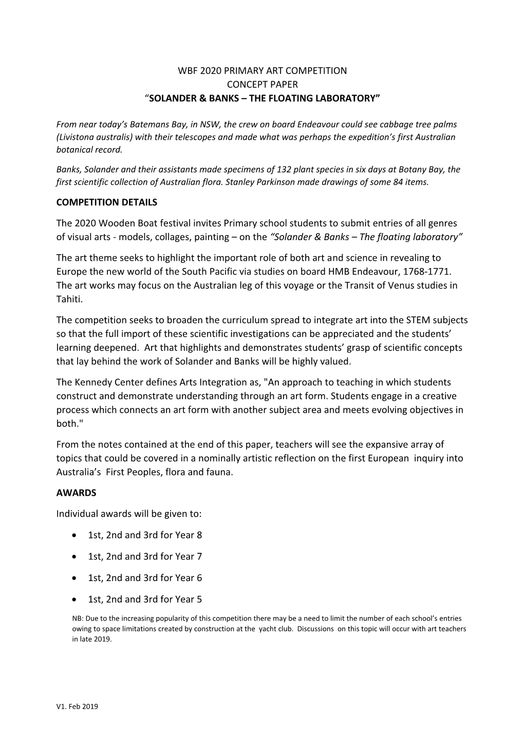 Wbf 2020 Primary Art Competition Concept Paper “Solander & Banks