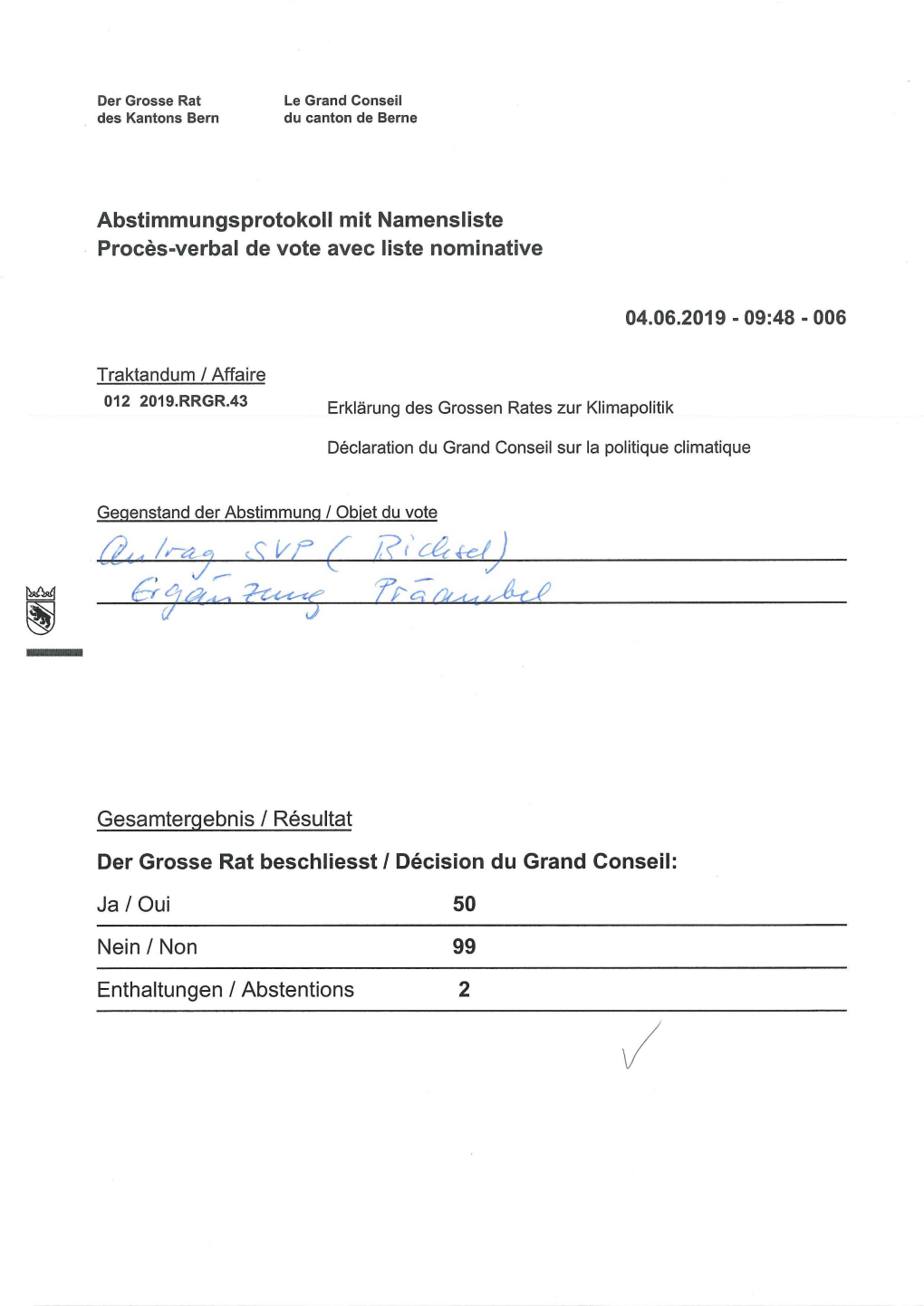 Abstimmungsprotokoll Mit Namensliste Procès-Verbal De Vote Avec Liste Nominative