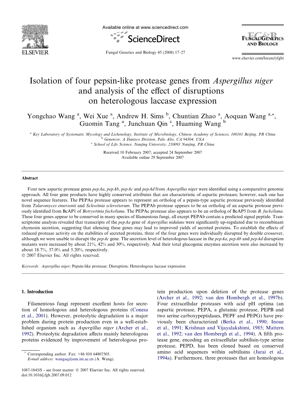 Isolation of Four Pepsin-Like Protease Genes from Aspergillus Niger and Analysis of the Eﬀect of Disruptions on Heterologous Laccase Expression