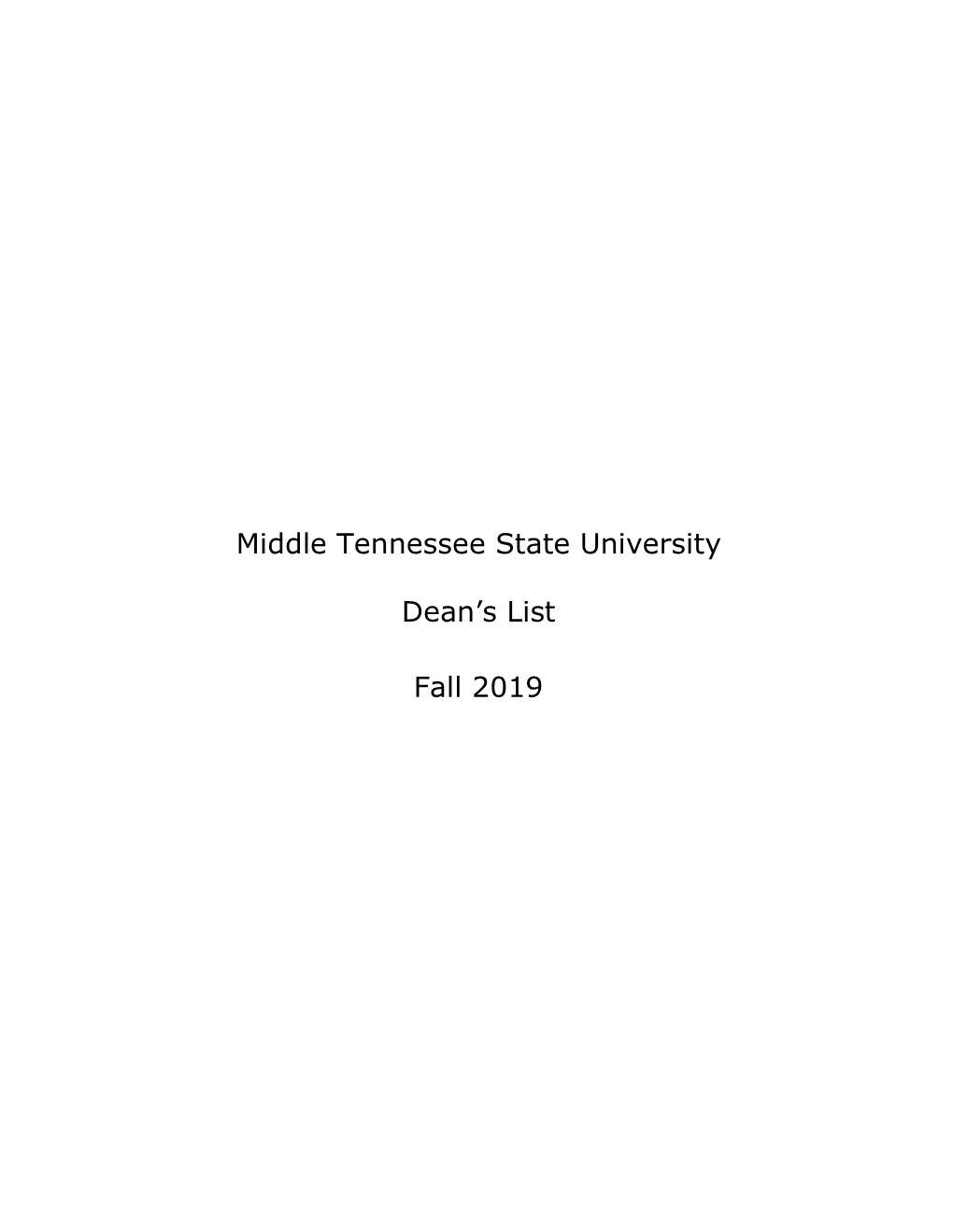 Middle Tennessee State University Fall 2019 Dean's List