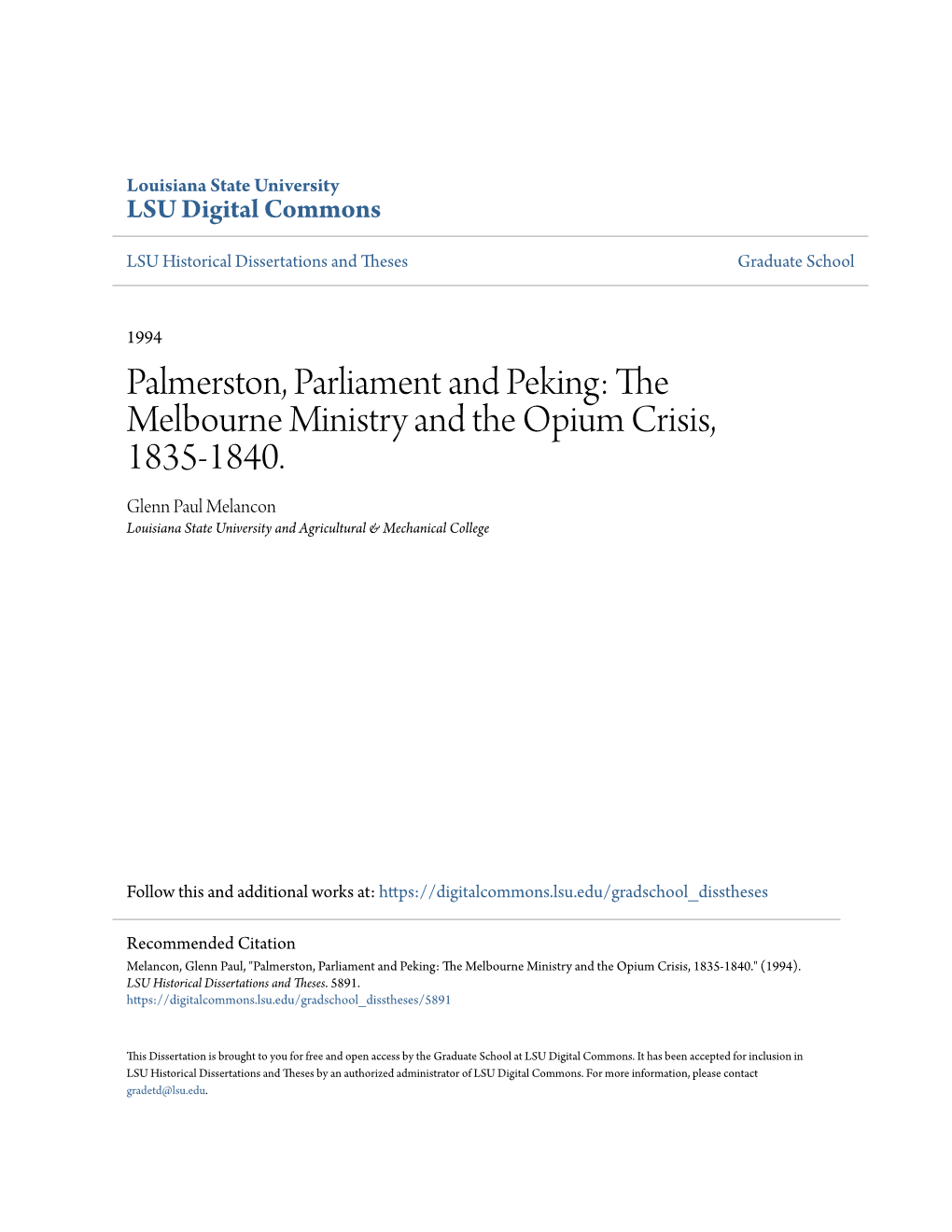 Palmerston, Parliament and Peking: the Melbourne Ministry and the Opium Crisis, 1835-1840