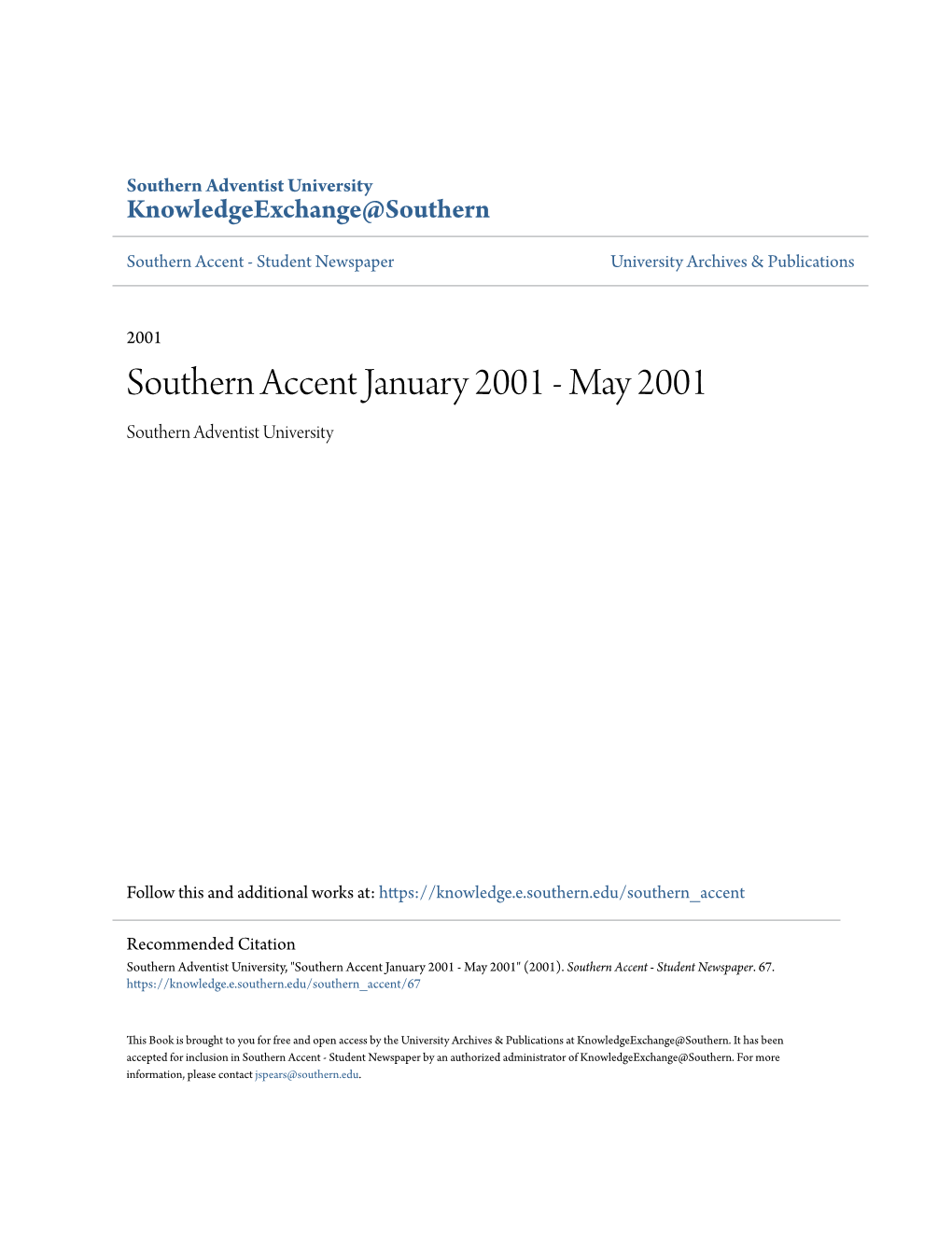 Southern Accent January 2001 - May 2001 Southern Adventist University