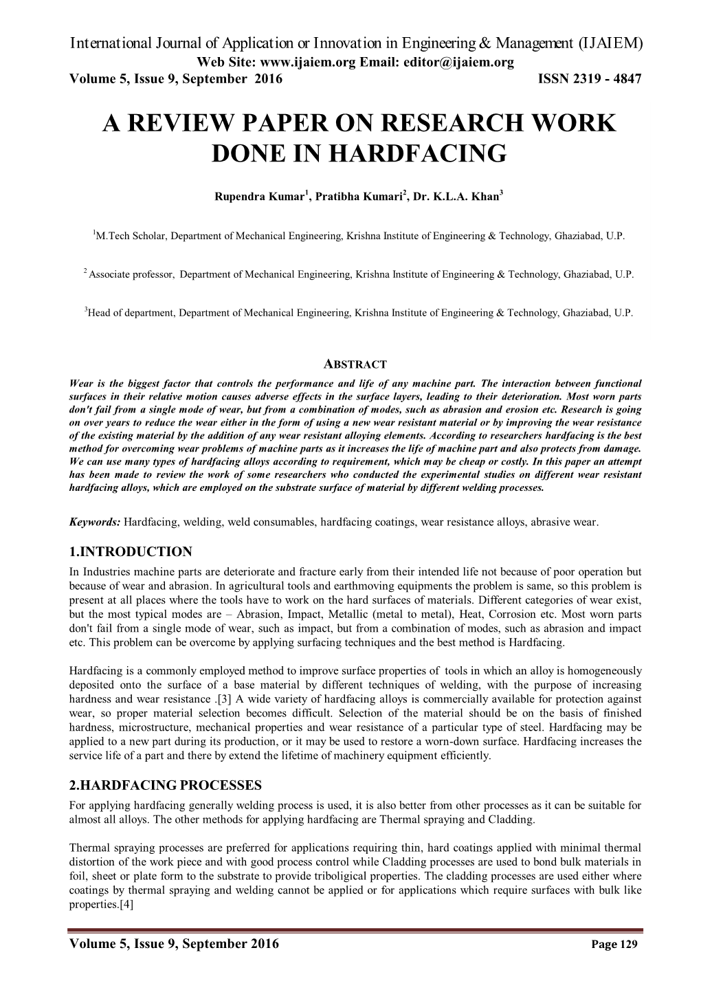 A Review Paper on Research Work Done in Hardfacing