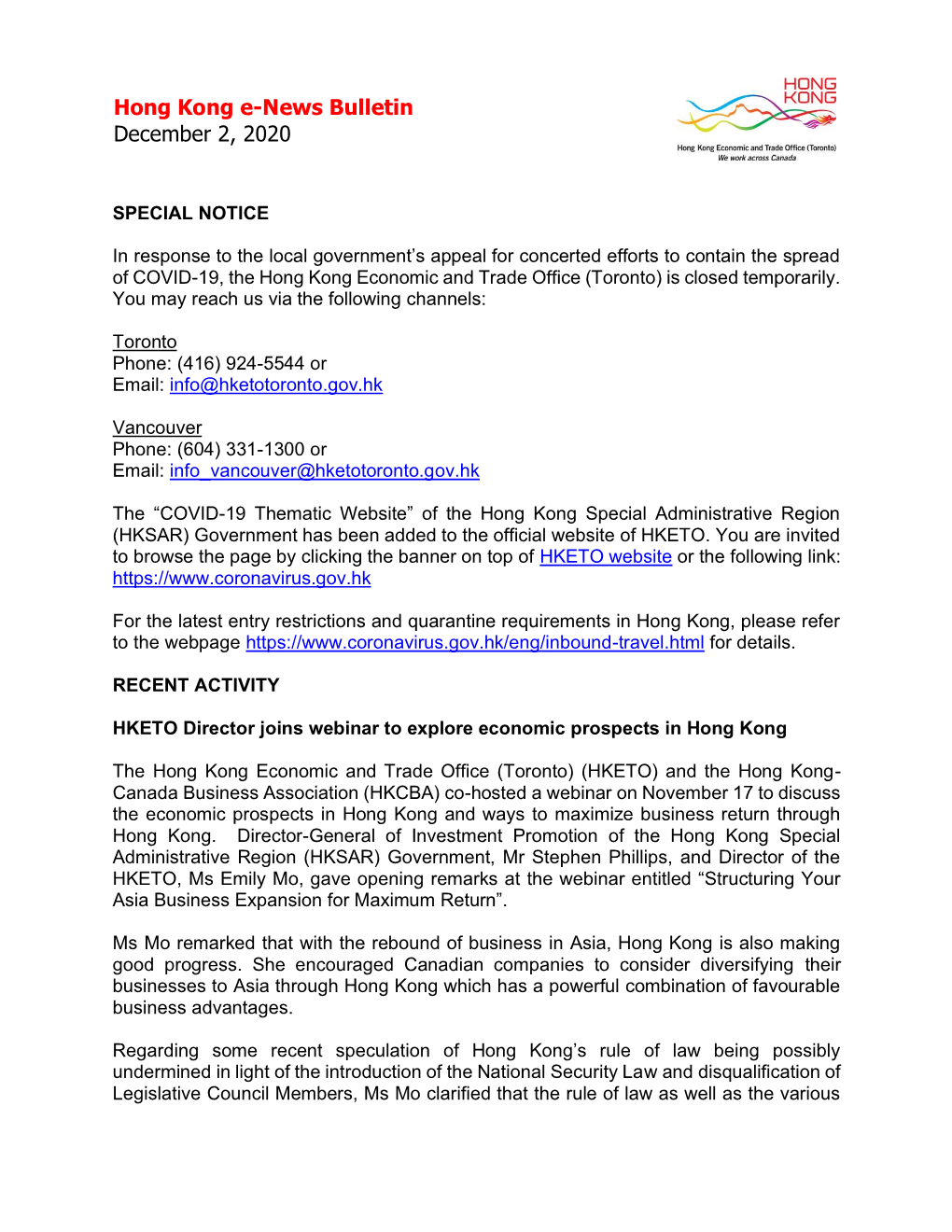 Hong Kong E-News Bulletin December 2, 2020