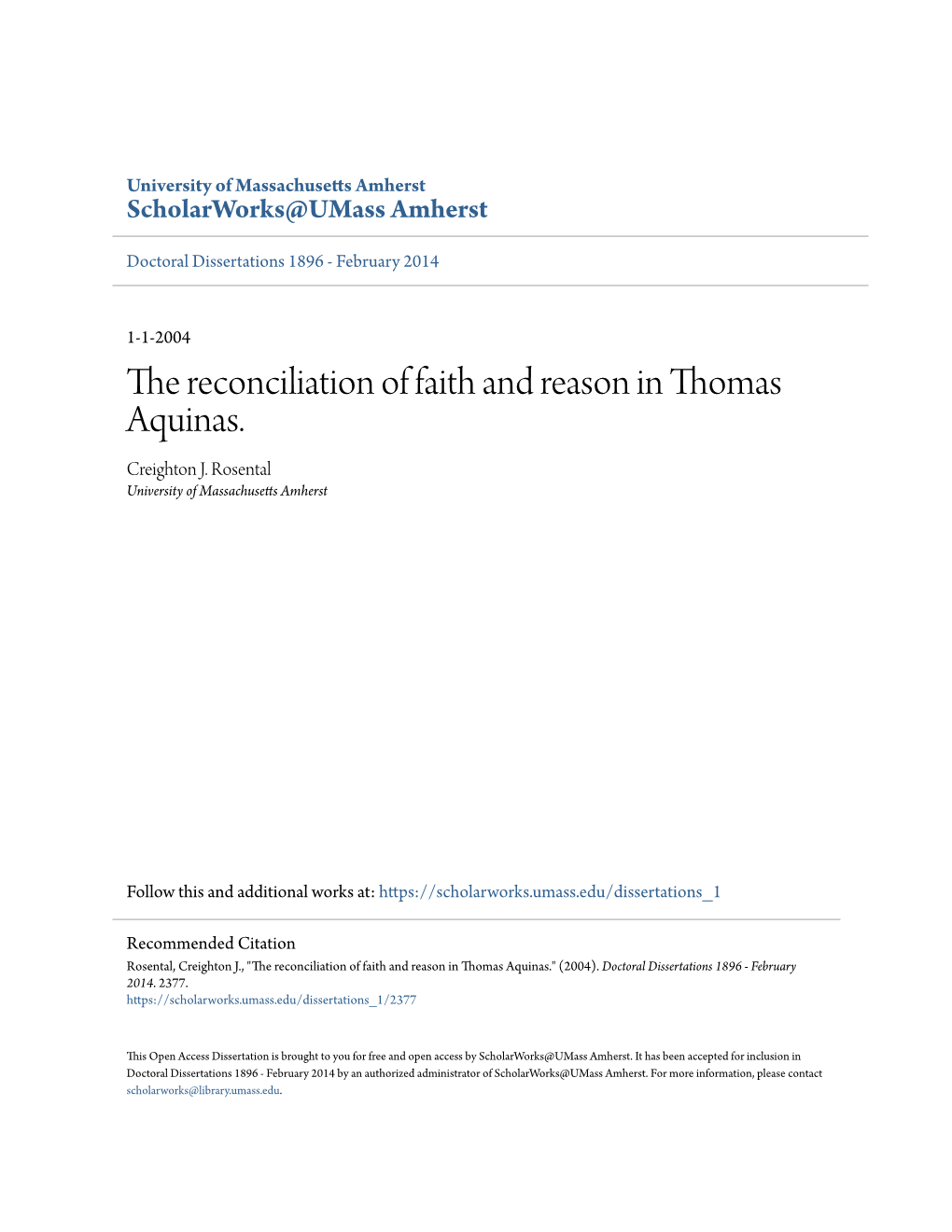 The Reconciliation of Faith and Reason in Thomas Aquinas