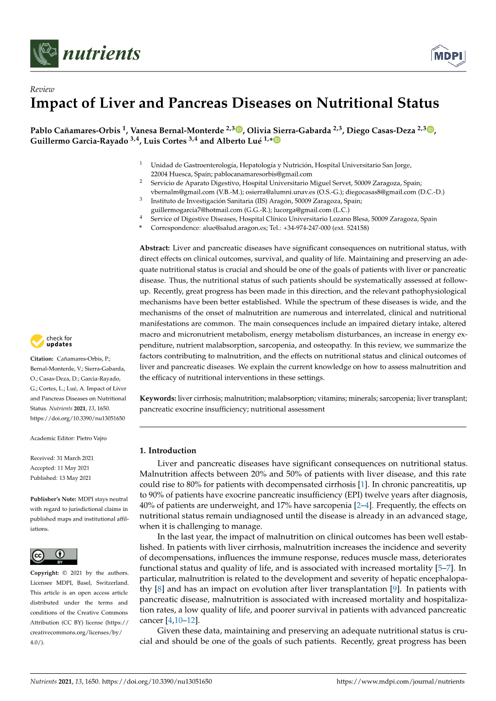 Impact of Liver and Pancreas Diseases on Nutritional Status