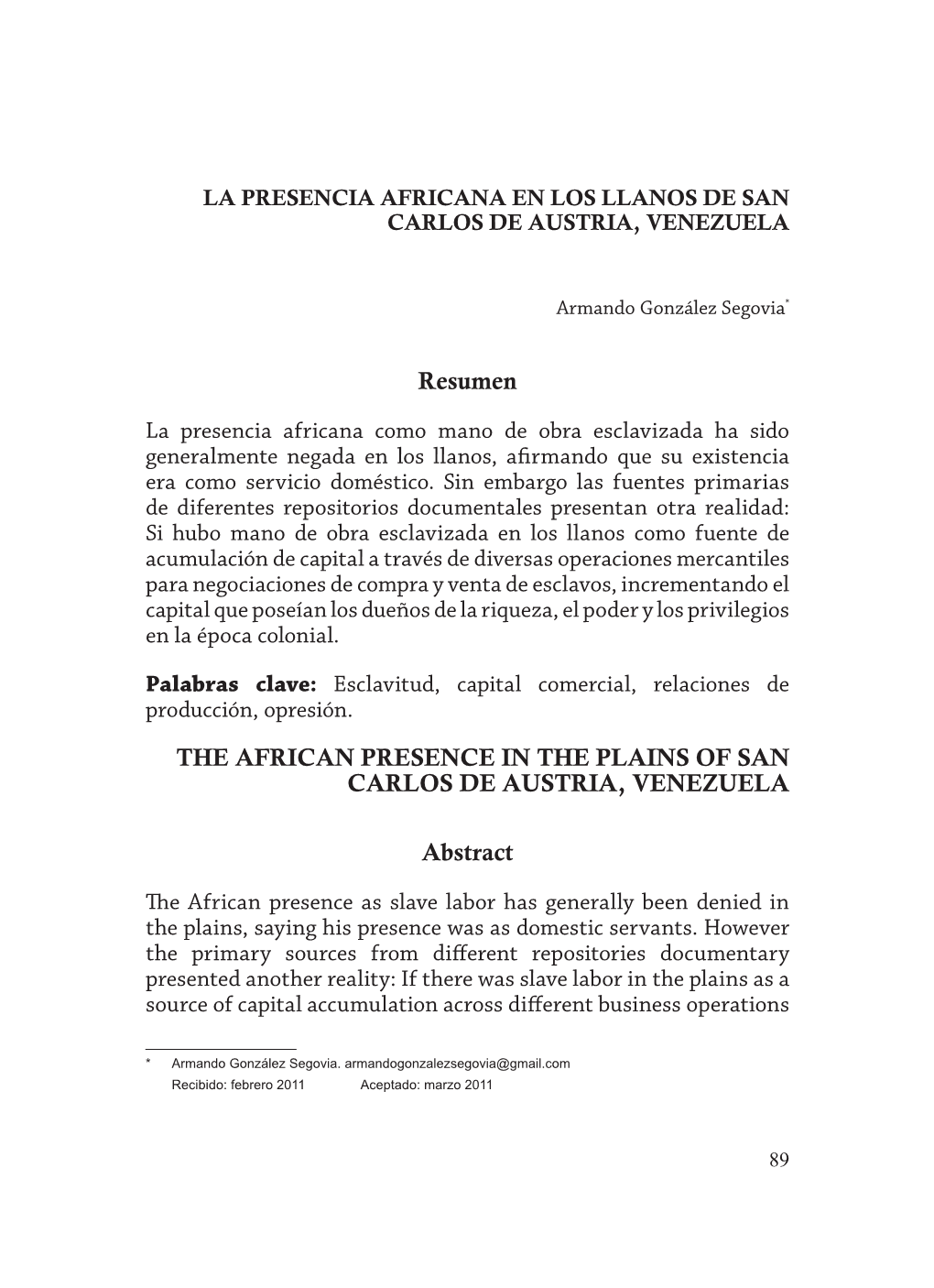 La Presencia Africana En Los Llanos De San Carlos De Austria, Venezuela