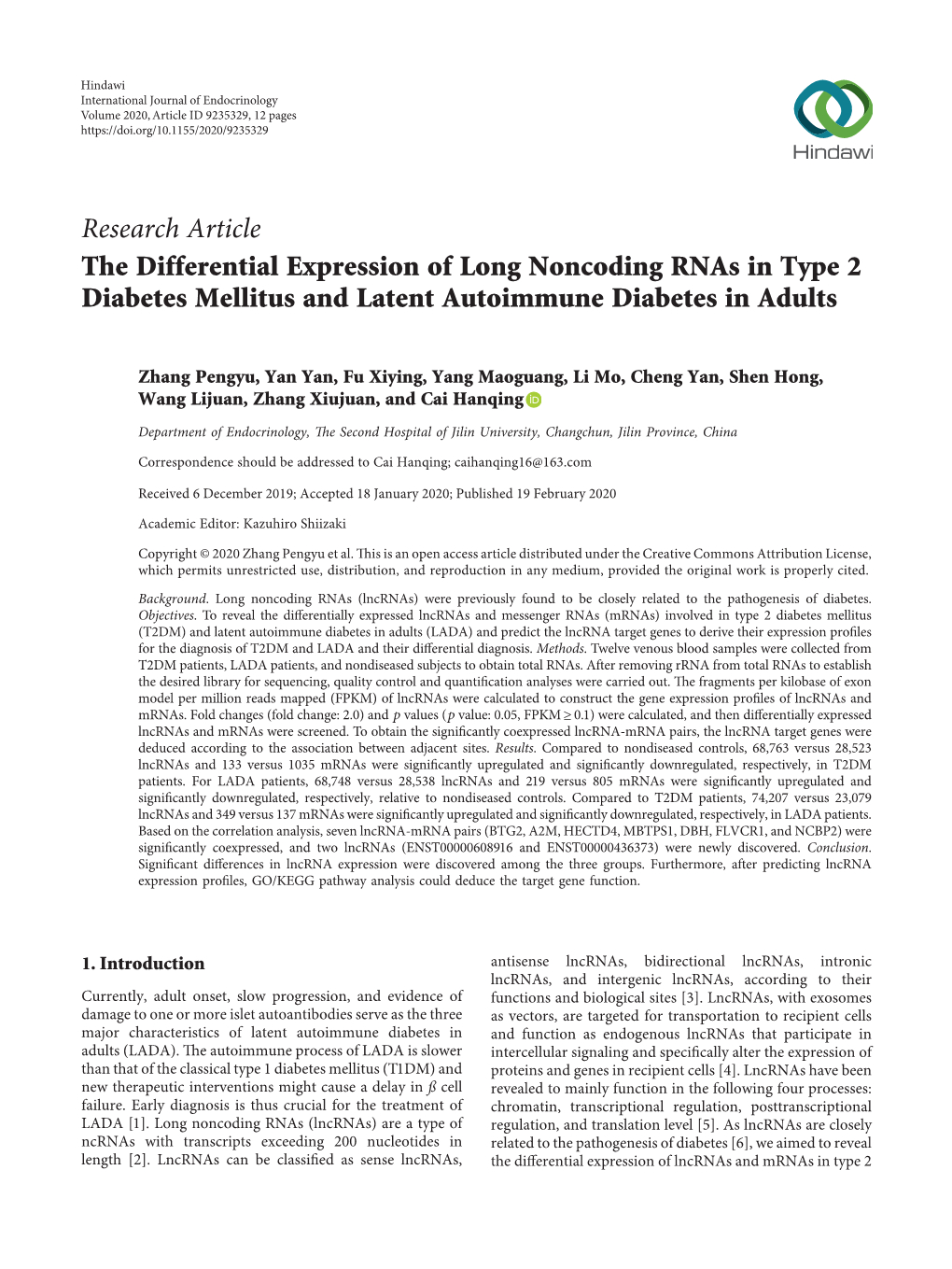 The Differential Expression of Long Noncoding Rnas in Type 2 Diabetes Mellitus and Latent Autoimmune Diabetes in Adults