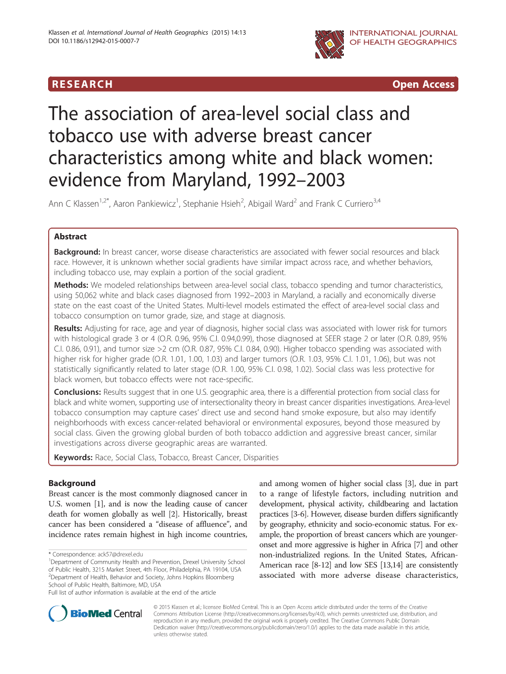 The Association of Area-Level Social Class and Tobacco Use with Adverse