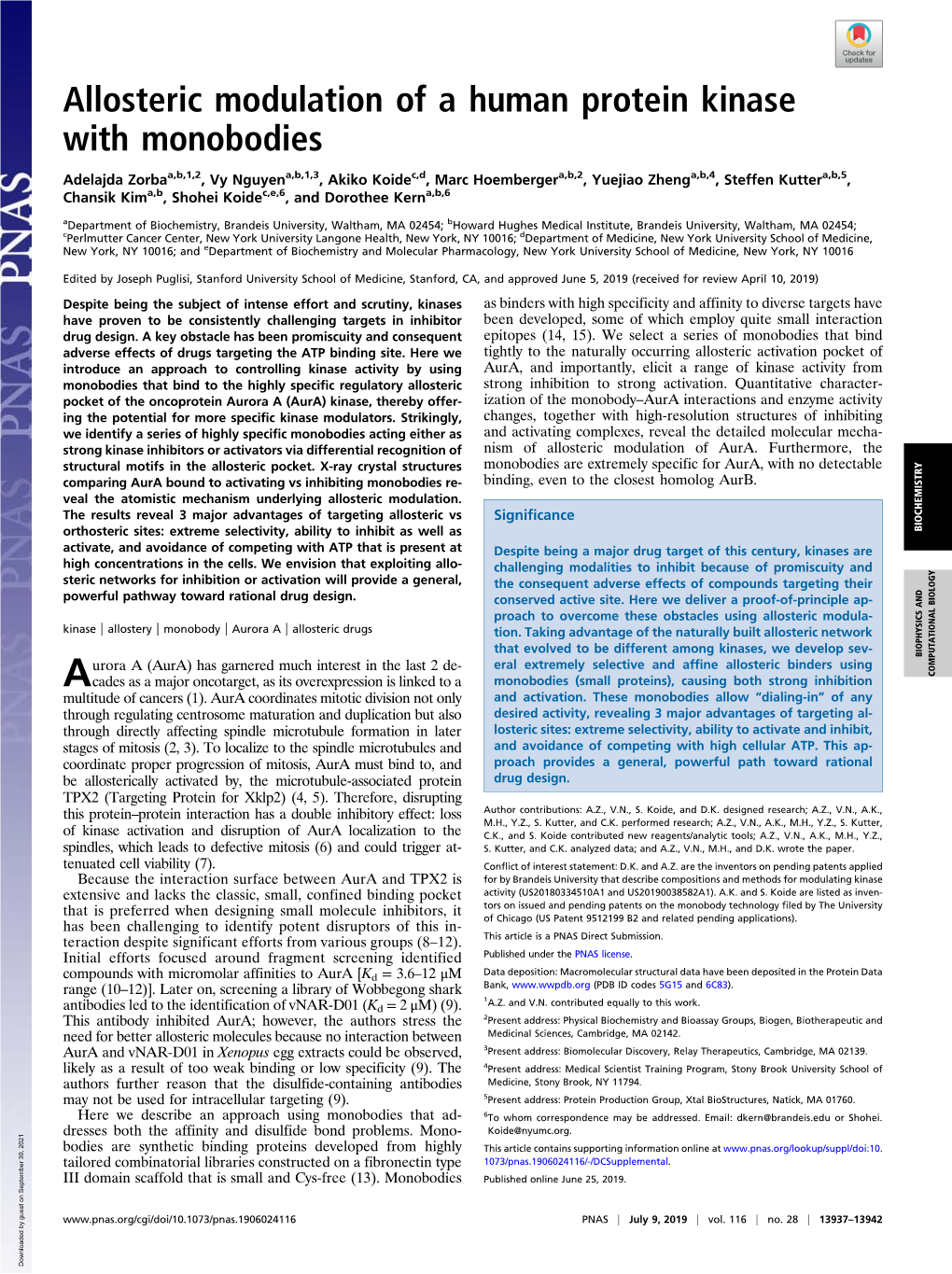 Allosteric Modulation of a Human Protein Kinase with Monobodies