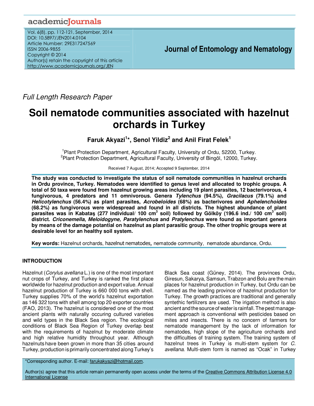 Soil Nematode Communities Associated with Hazelnut Orchards in Turkey