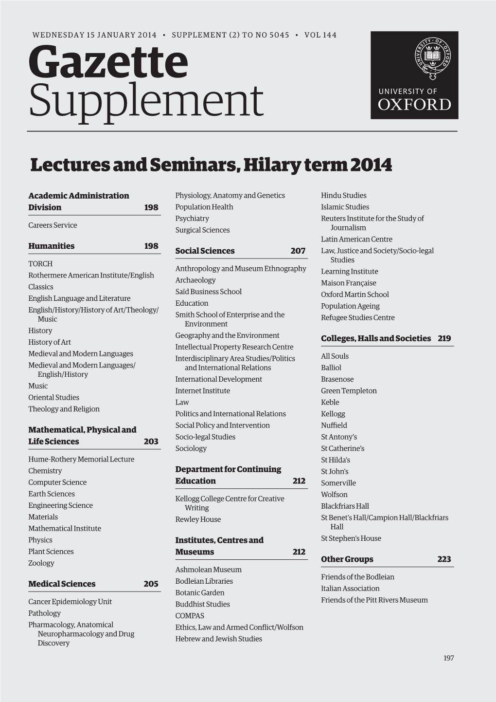 Lectures and Seminars, Hilary Term 2014