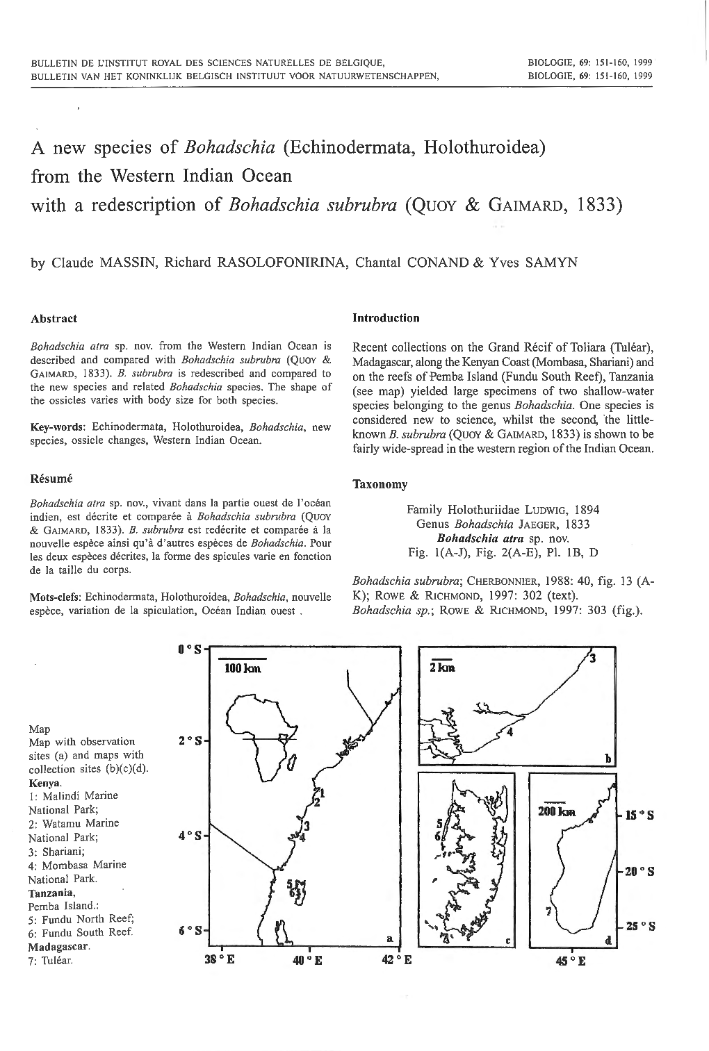 A New Species of Bohadschia (Echinodermata, Holothuroidea) from the Western Indian Ocean with a Redescription of Bohadschia Subrubra (Quoy & GAIMARD, 1833)