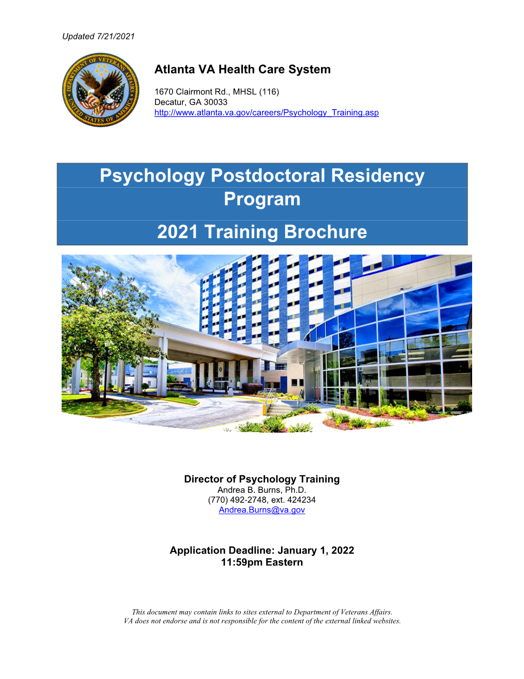 Psychology Postdoctoral Residency Program 2021 Training Brochure