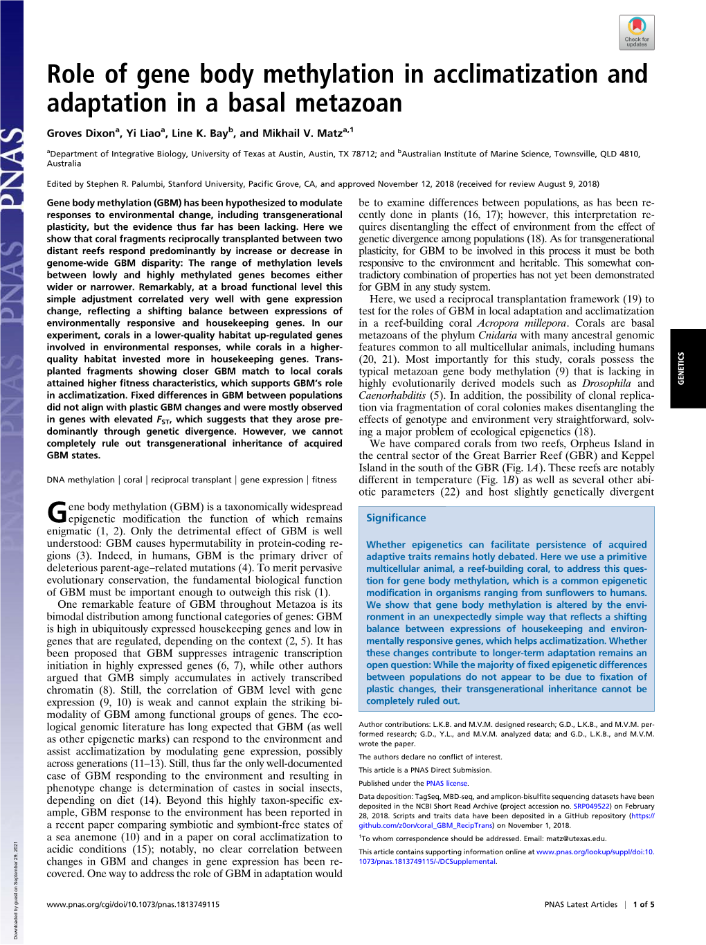 Role of Gene Body Methylation in Acclimatization and Adaptation in a Basal Metazoan