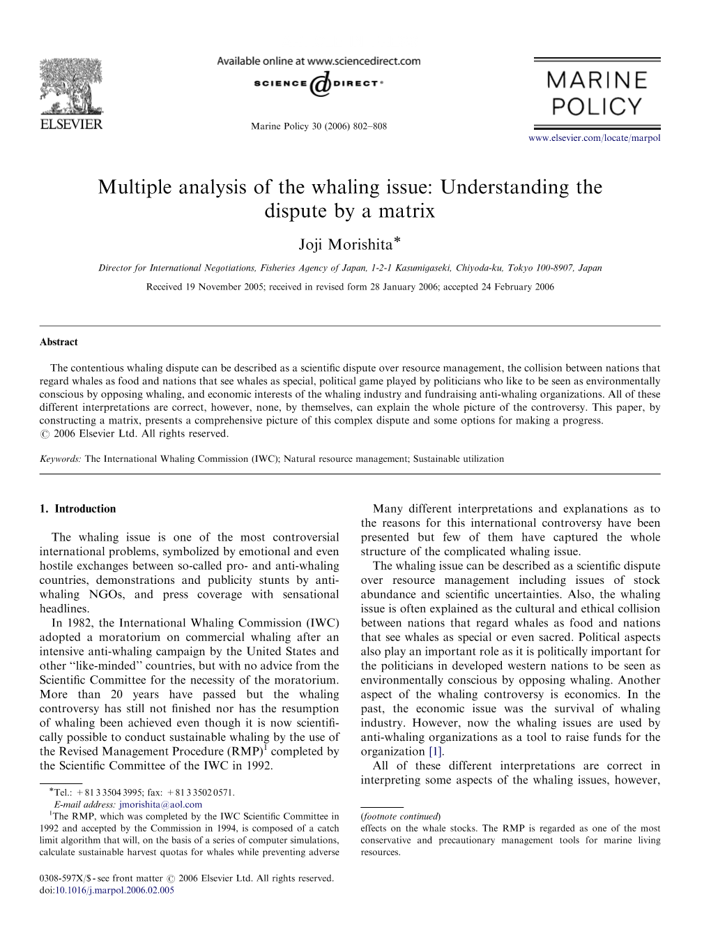 Multiple Analysis of the Whaling Issue: Understanding the Dispute by a Matrix