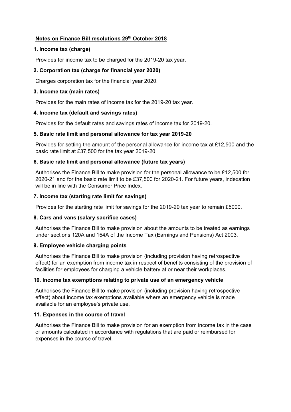 Notes on Finance Bill Resolutions 29Th October 2018 1