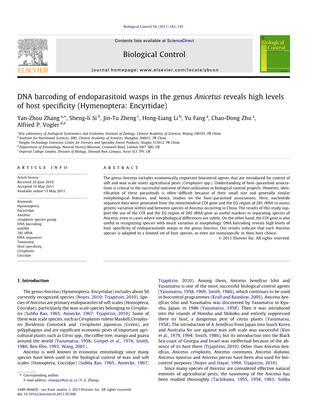 DNA Barcoding of Endoparasitoid Wasps in the Genus Anicetus