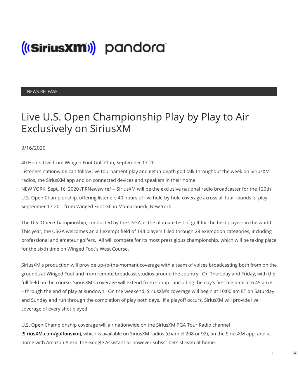 Live U.S. Open Championship Play by Play to Air Exclusively on Siriusxm