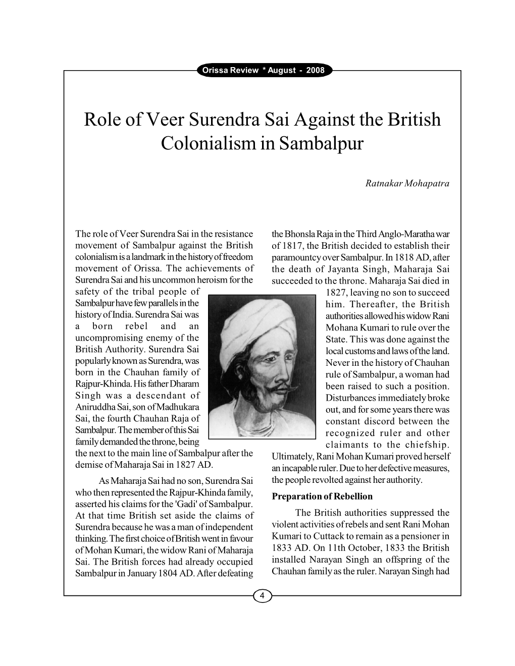 Role of Veer Surendra Sai Against the British Colonialism in Sambalpur