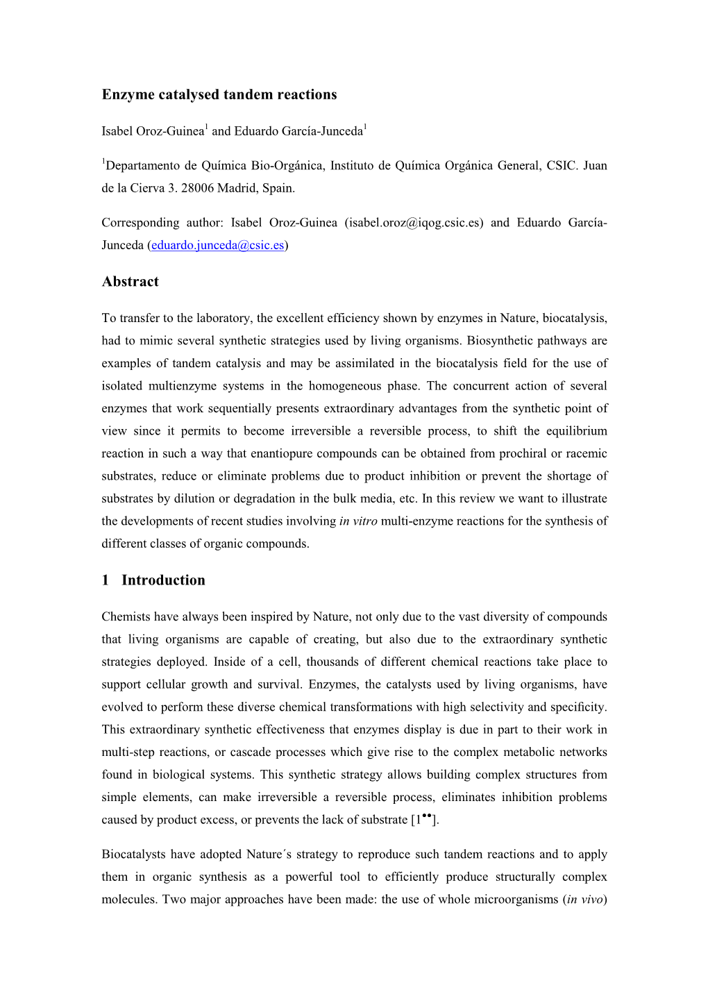 Enzyme Catalysed Tandem Reactions Abstract 1 Introduction