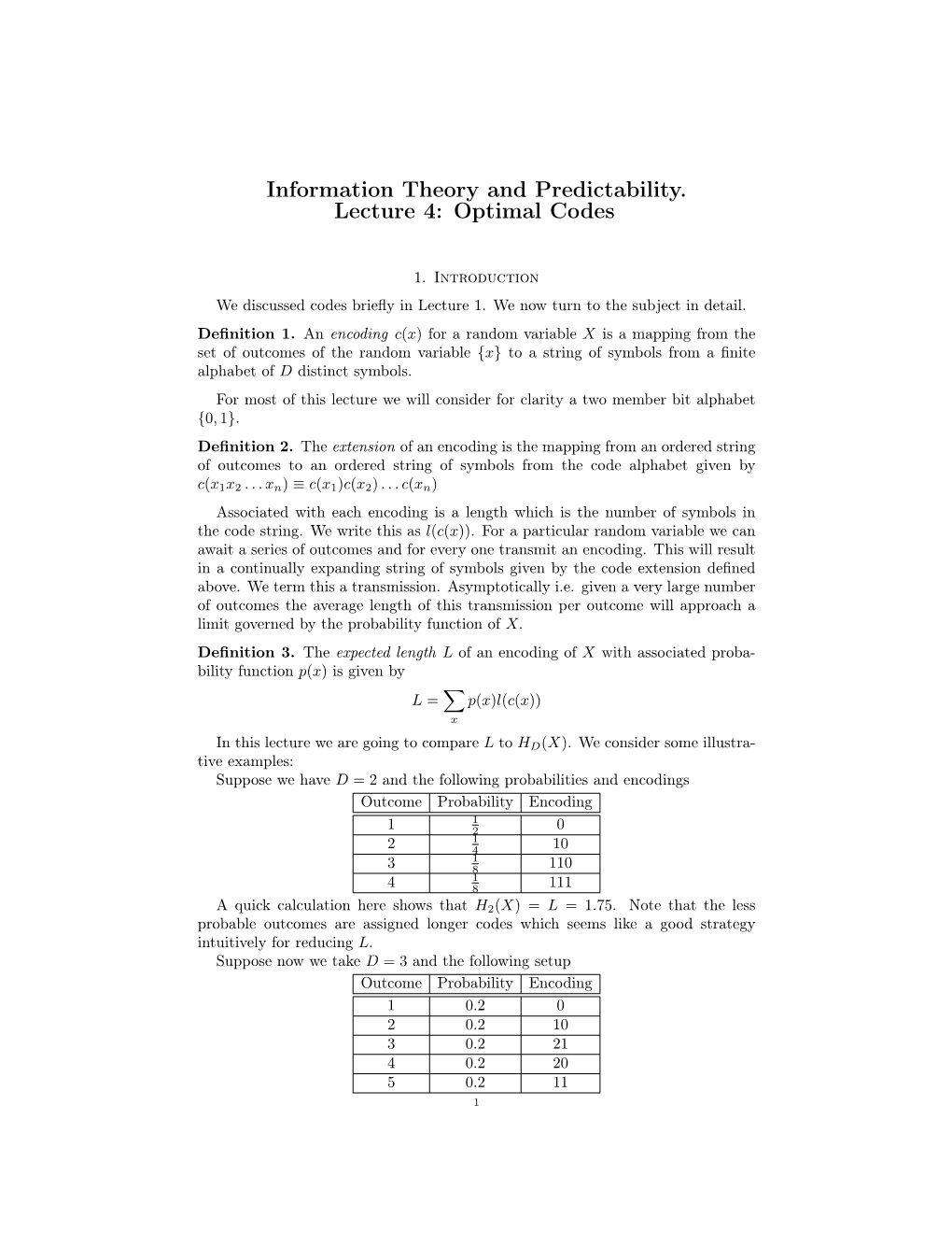 Information Theory and Predictability. Lecture 4: Optimal Codes