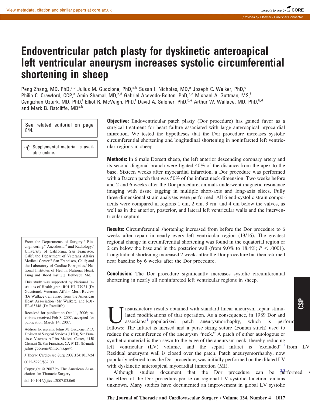 Endoventricular Patch Plasty for Dyskinetic Anteroapical Left Ventricular Aneurysm Increases Systolic Circumferential Shortening in Sheep