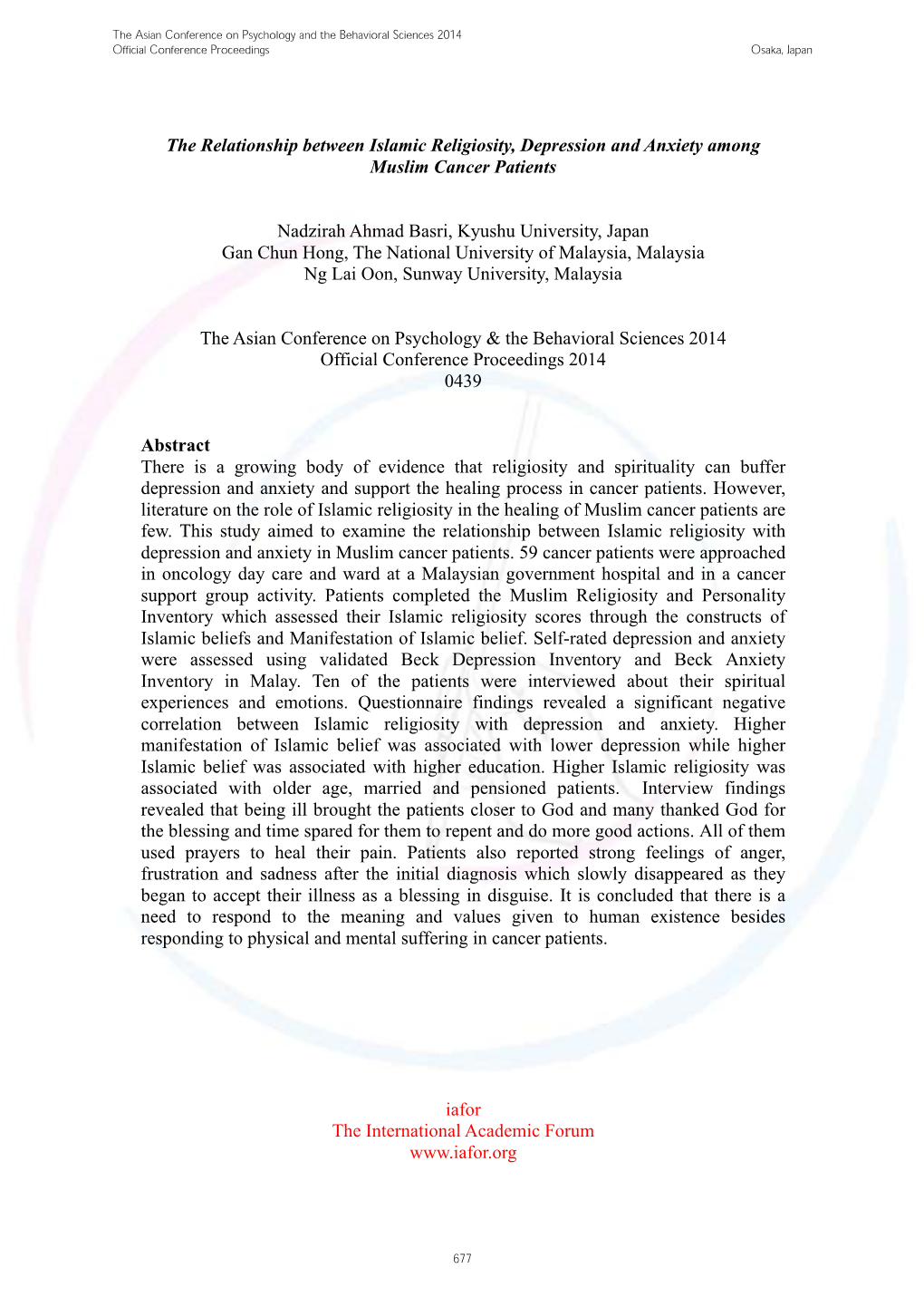 The Relationship Between Islamic Religiosity, Depression and Anxiety Among Muslim Cancer Patients Nadzirah Ahmad Basri, Kyushu U