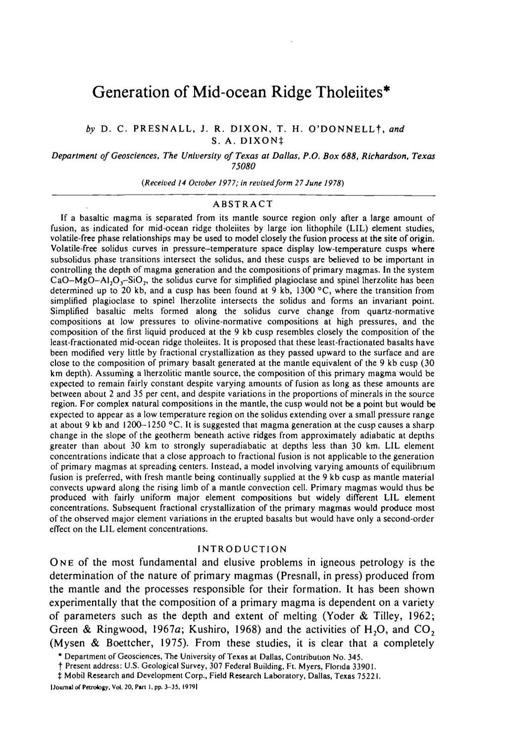 Generation of Mid-Ocean Ridge Tholeiites'