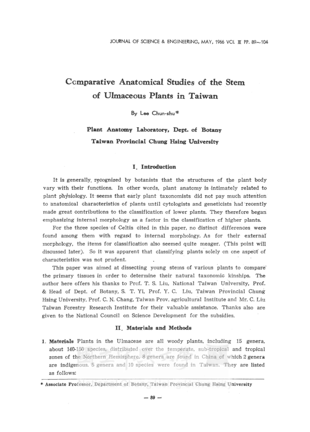 Comparative Anatomical Studies of the Stem of Ulmaceous Plants in Taiwan