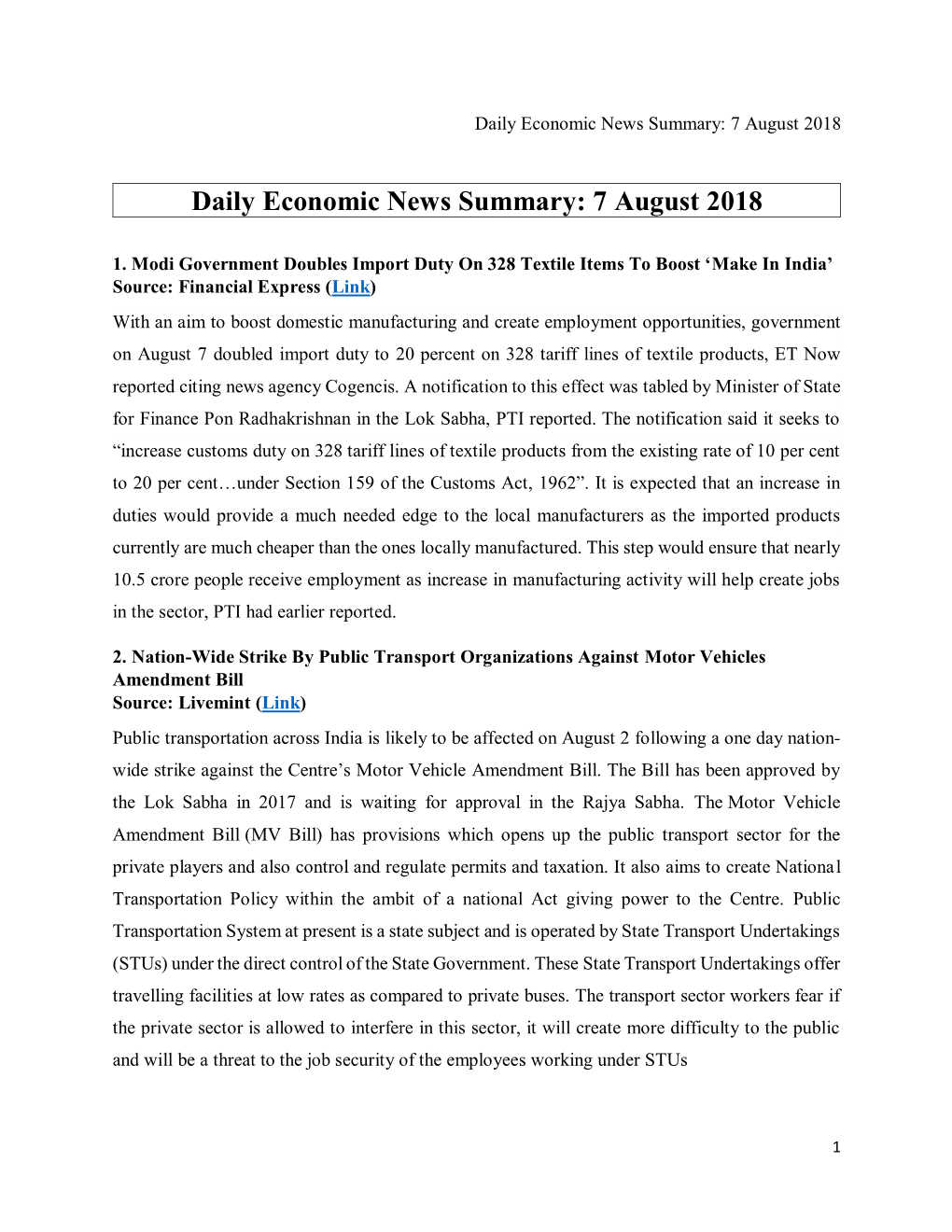 Daily Economic News Summary: 7 August 2018