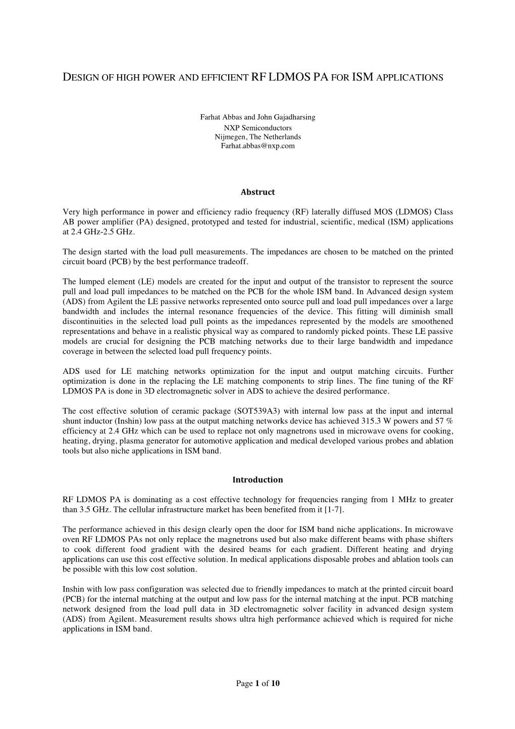 Design of High Power and Efficient Rf Ldmos Pa for Ism Applications