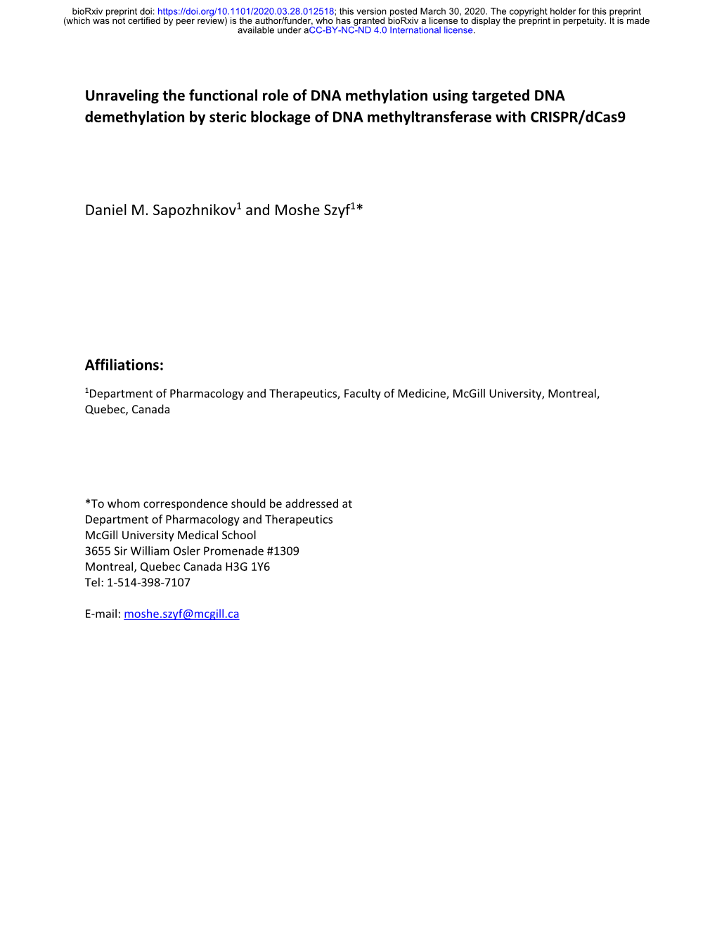 Unraveling the Functional Role of DNA Methylation Using Targeted DNA Demethylation by Steric Blockage of DNA Methyltransferase with CRISPR/Dcas9