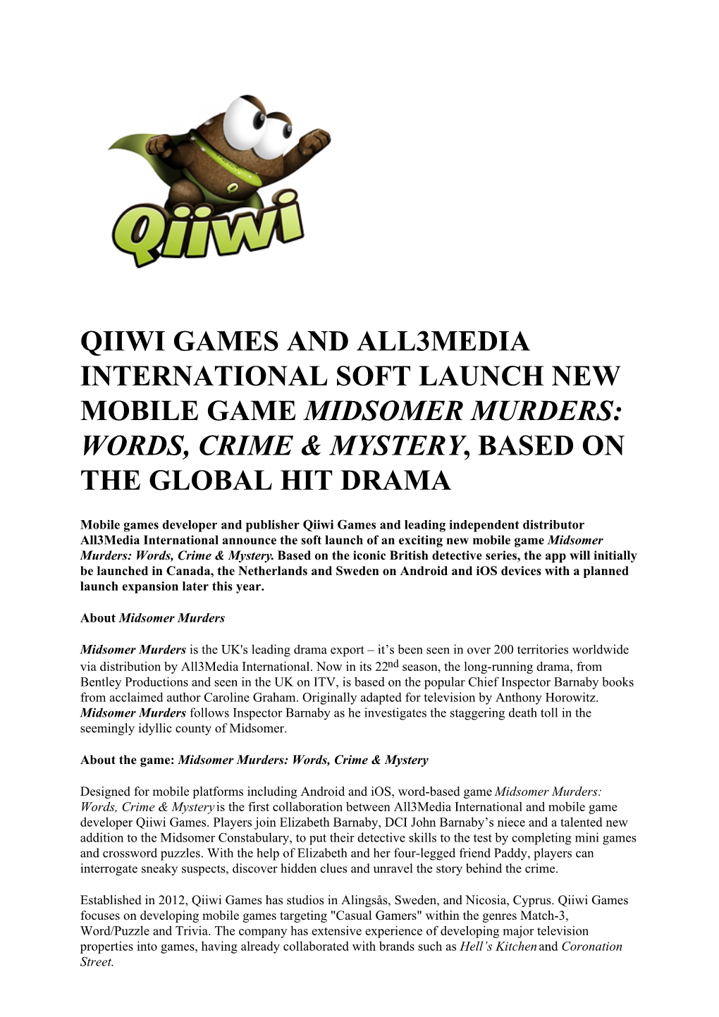 Qiiwi Games and All3media International Soft Launch New Mobile Game Midsomer Murders: Words, Crime & Mystery, Based on the Global Hit Drama