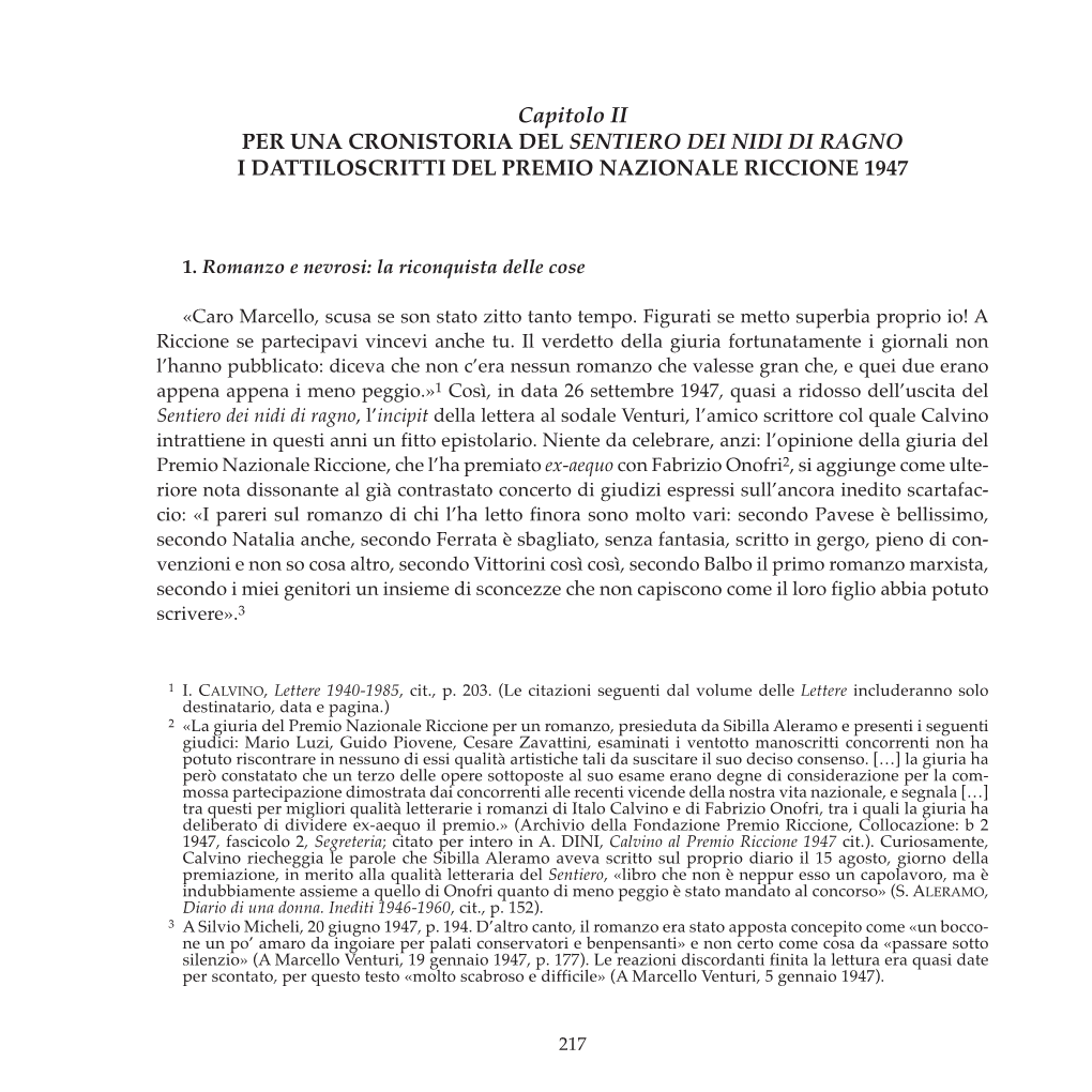 Capitolo II PER UNA CRONISTORIA DEL SENTIERO DEI NIDI DI RAGNO I DATTILOSCRITTI DEL PREMIO NAZIONALE RICCIONE 1947
