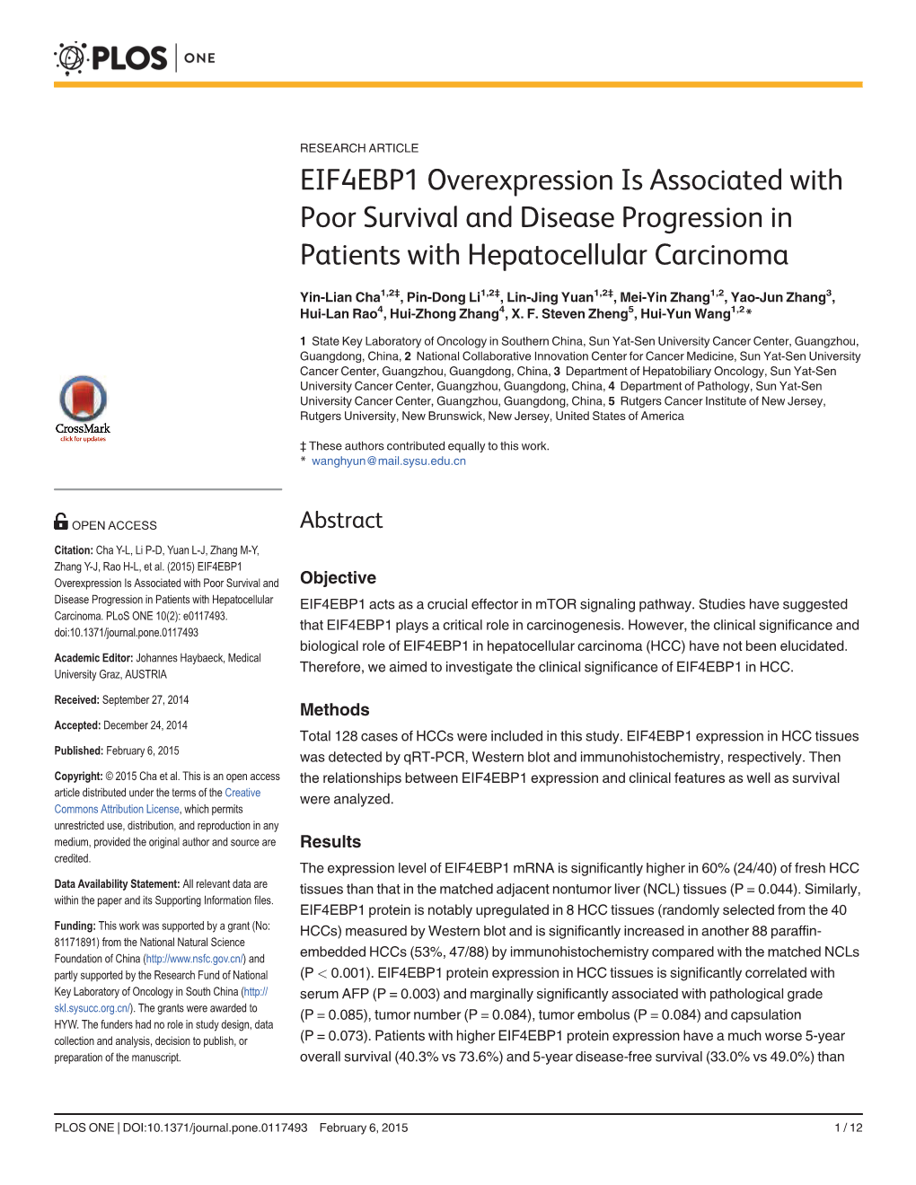 EIF4EBP1 Overexpression Is Associated with Poor Survival and Disease Progression in Patients with Hepatocellular Carcinoma