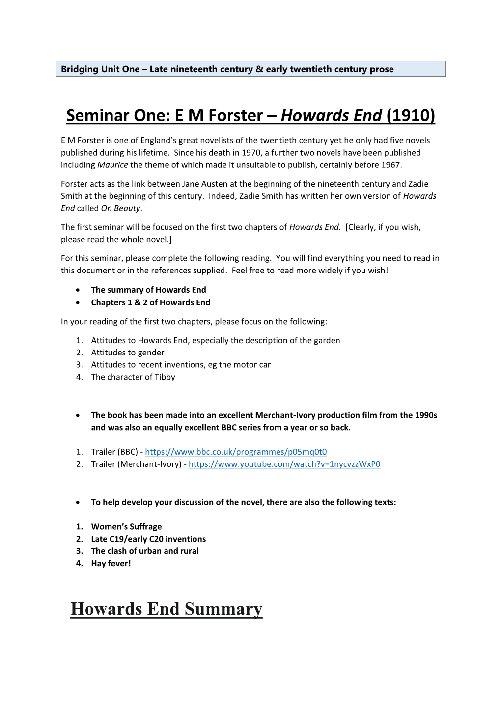 Seminar One: EM Forster – Howards End (1910)