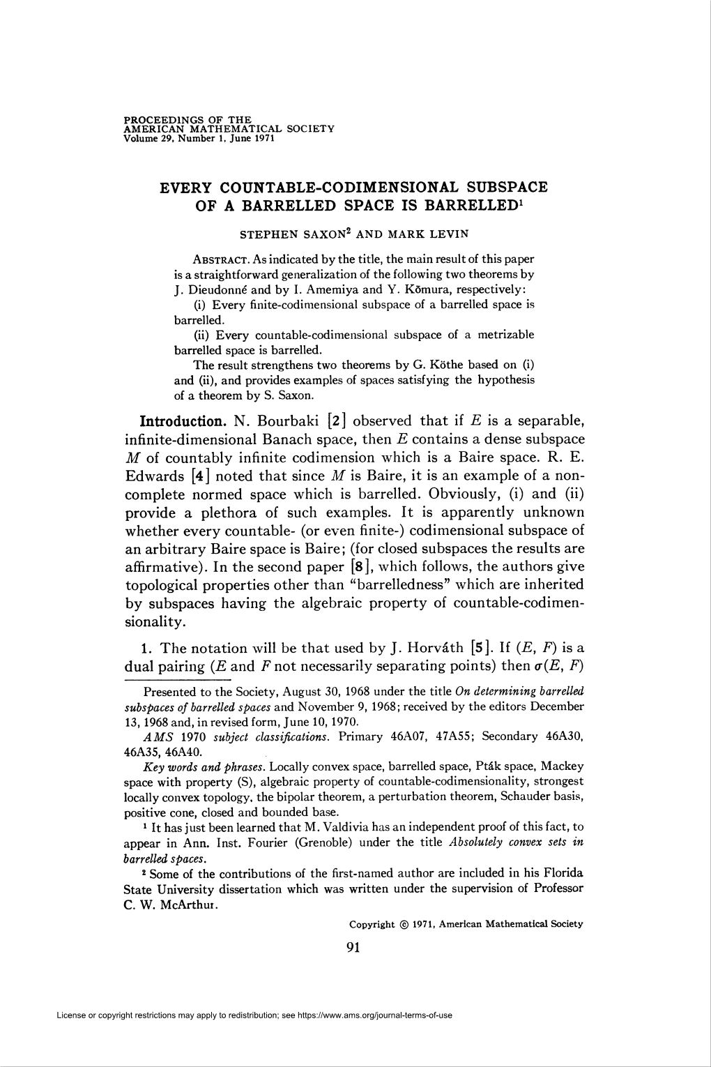 Every Countable-Codimensional Subspace of a Barrelled Space Is Barrelled1