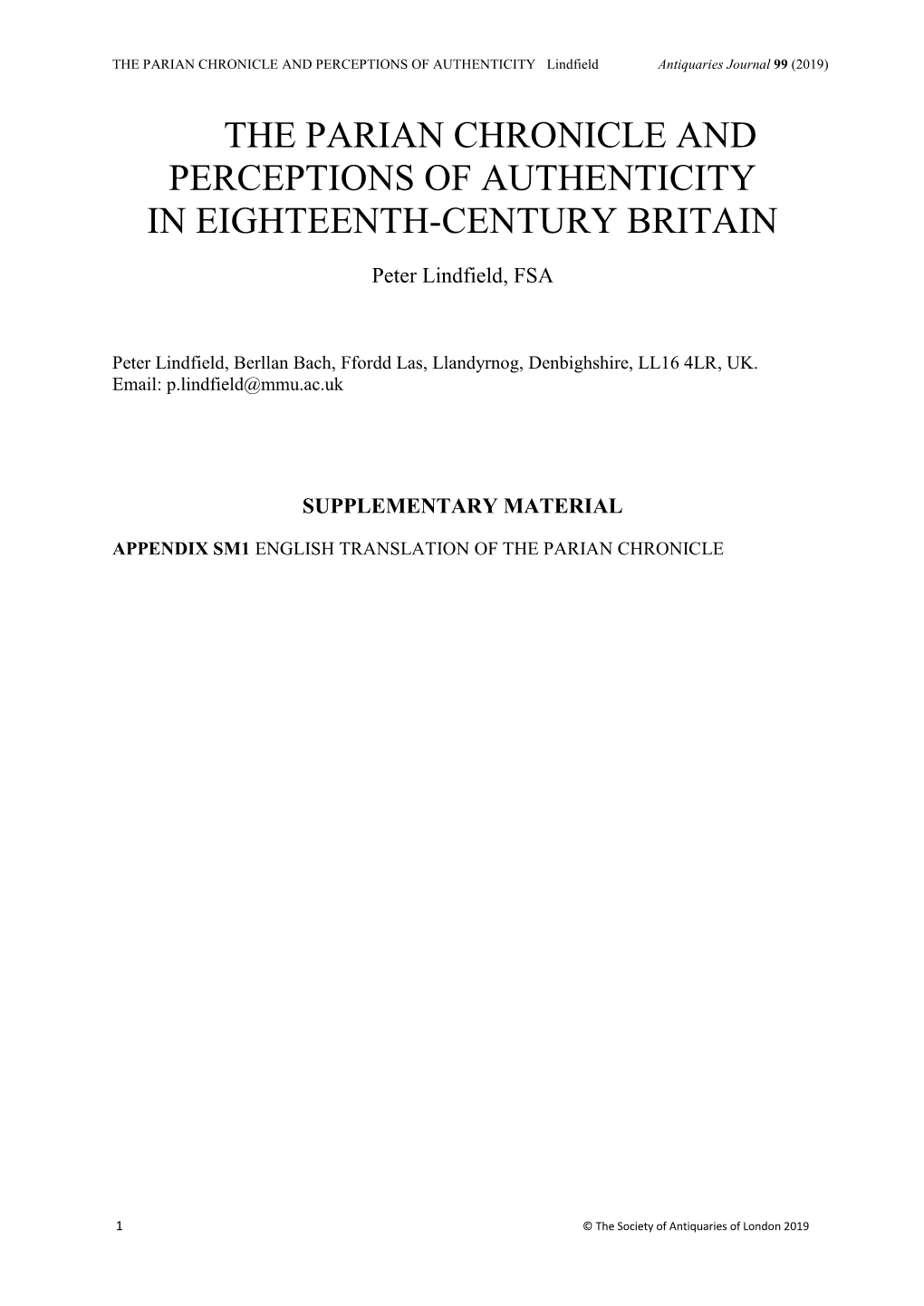 THE PARIAN CHRONICLE and PERCEPTIONS of AUTHENTICITY Lindfield Antiquaries Journal 99 (2019)