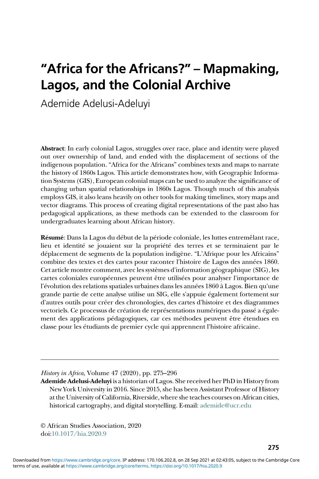 “Africa for the Africans?” – Mapmaking, Lagos, and the Colonial Archive