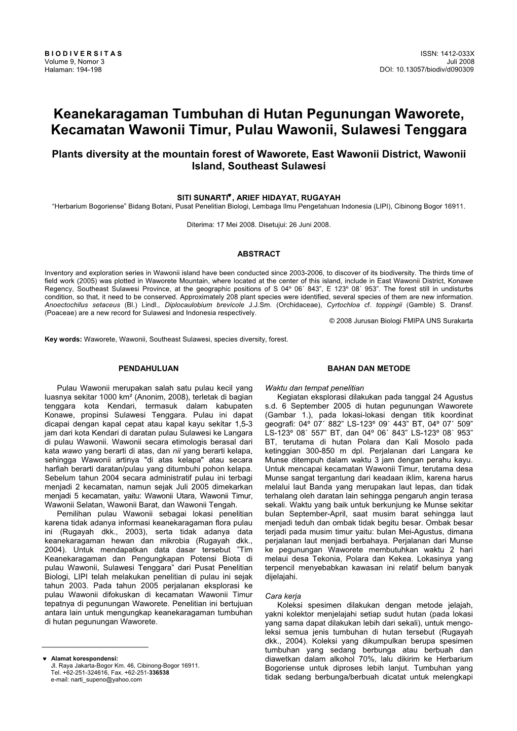 Keanekaragaman Tumbuhan Di Hutan Pegunungan Waworete, Kecamatan Wawonii Timur, Pulau Wawonii, Sulawesi Tenggara