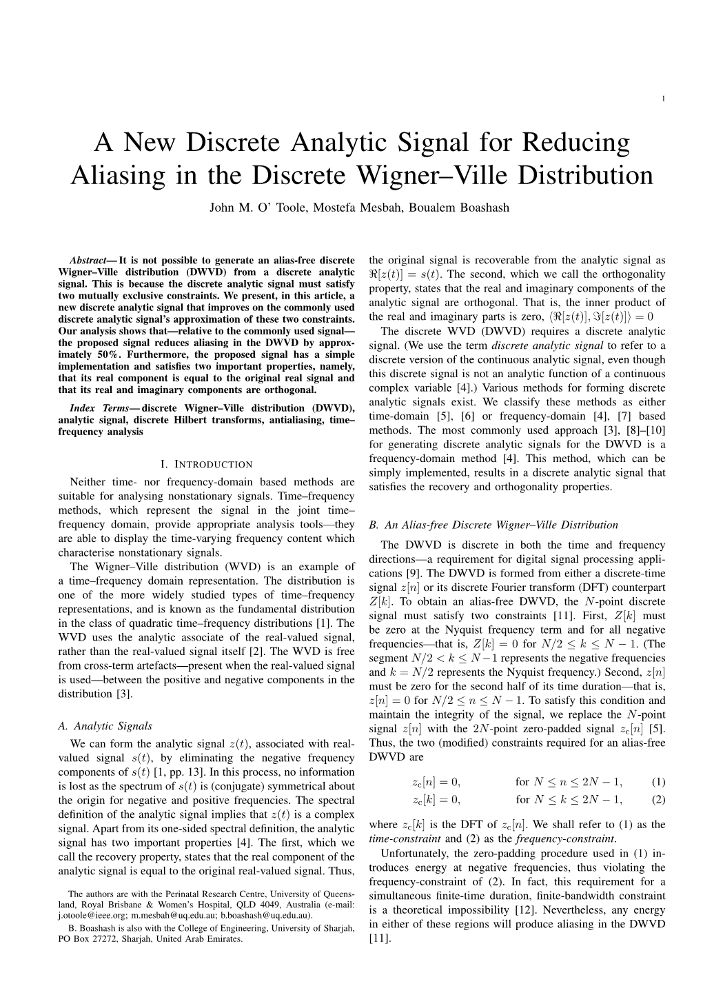 A New Discrete Analytic Signal for Reducing Aliasing in the Discrete Wigner–Ville Distribution John M