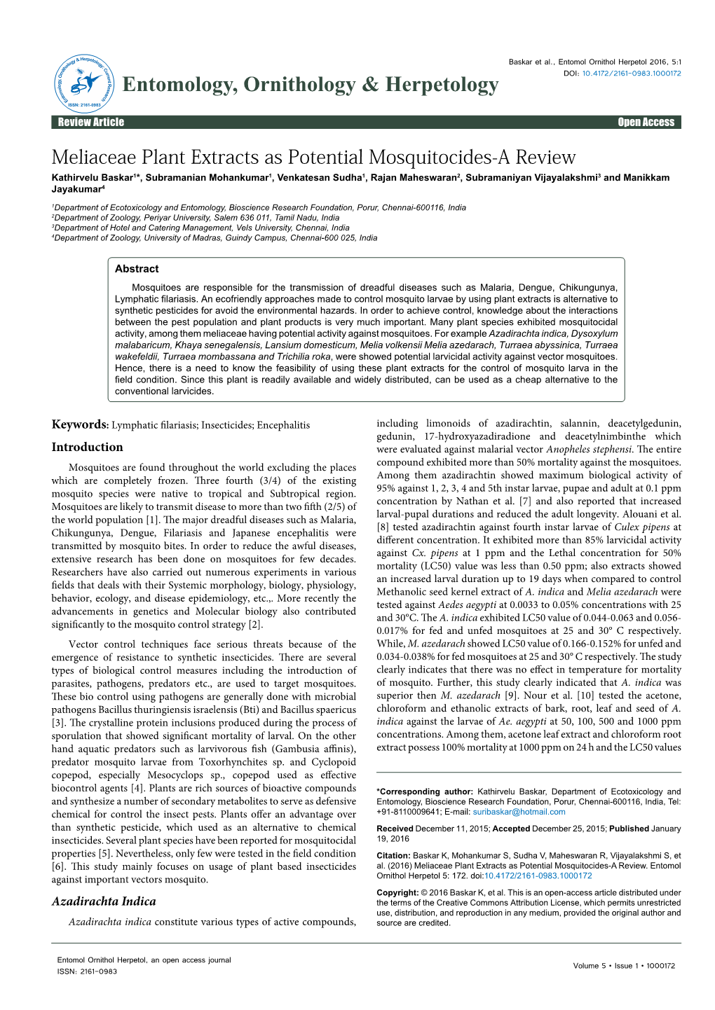 Meliaceae Plant Extracts As Potential Mosquitocides-A Review