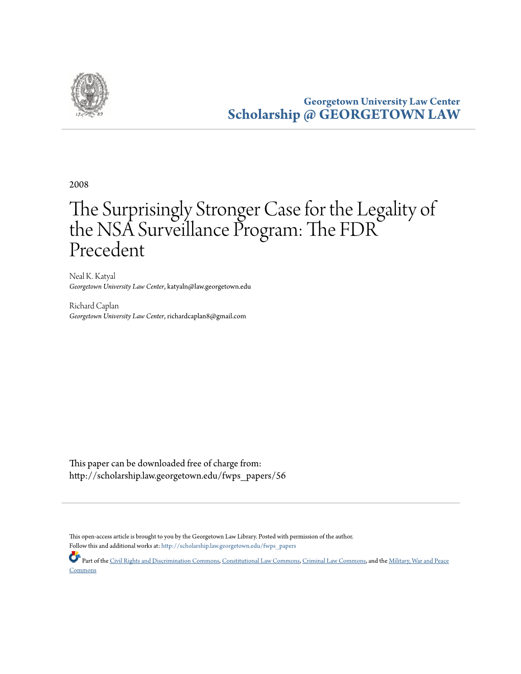 The Surprisingly Stronger Case for the Legality of the NSA Surveillance Program: the FDR Precedent