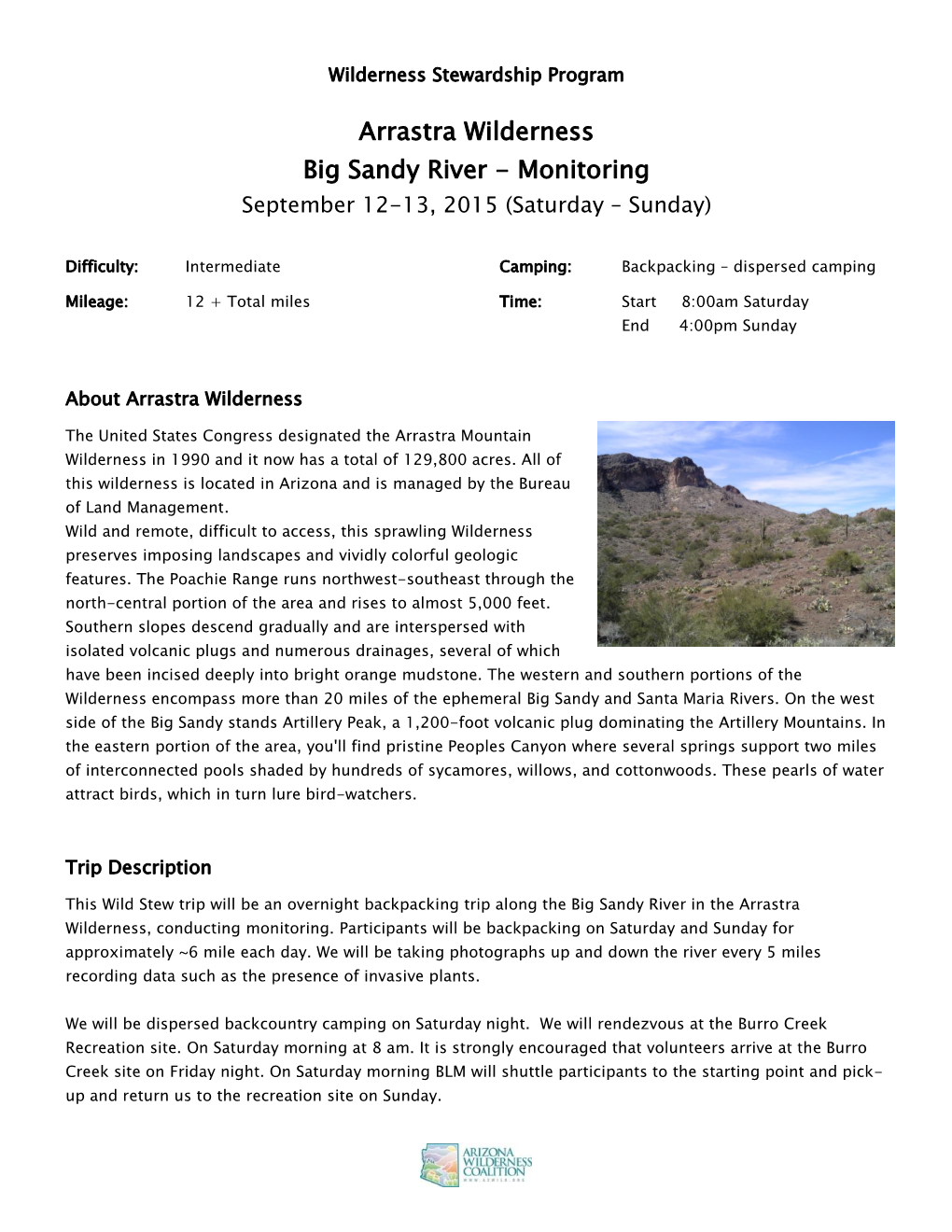 Arrastra Wilderness Big Sandy River - Monitoring September 12-13, 2015 (Saturday – Sunday)