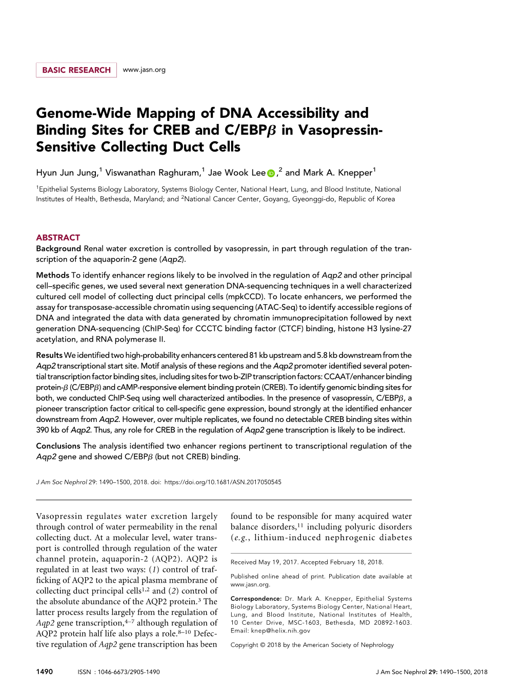 Genome-Wide Mapping of DNA Accessibility and Binding Sites for CREB and C/Ebpb in Vasopressin- Sensitive Collecting Duct Cells