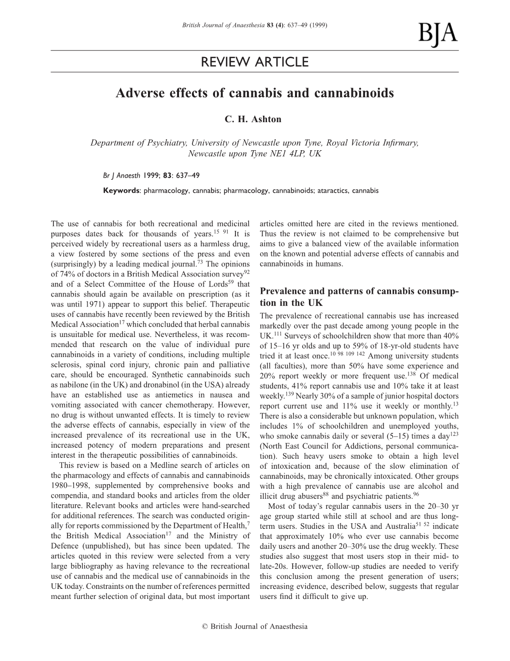 Adverse Effects of Cannabis and Cannabinoids